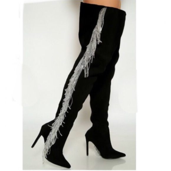 Pointy Toe OTK Boots w/ Rhinestone Fringe in Black - Picture 6 of 10
